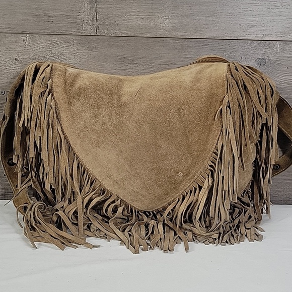 Rapsodia Suede Fringe Hobo Crossbody Shoulder Bag - Tan - Picture 5 of 16